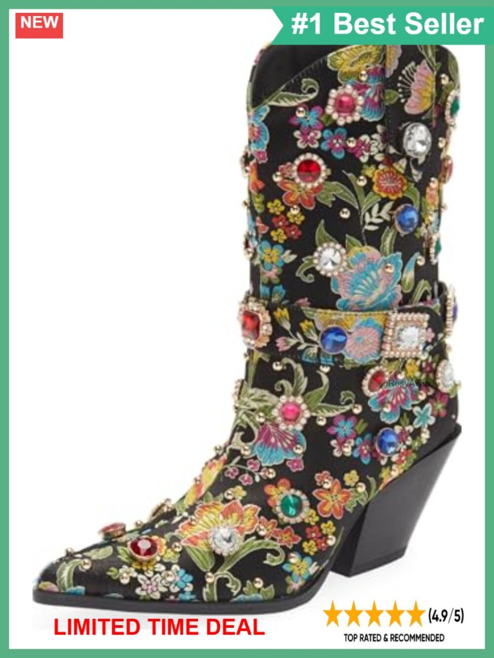 Flower Embroidered Rhinestone Mid Calf Cowboy Boots Pointed Toe Chunky Heel